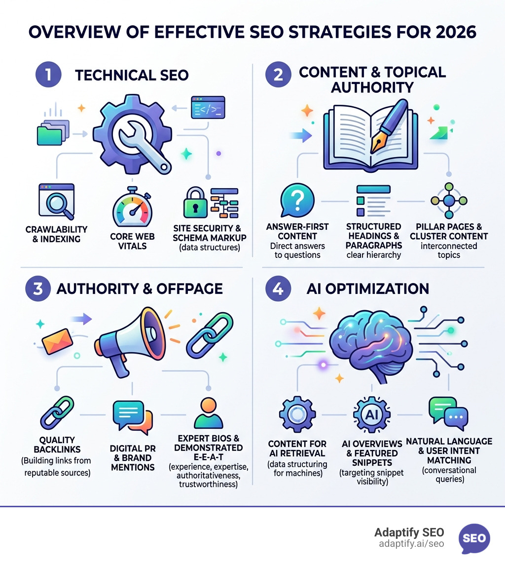 Overview infographic of effective SEO strategies for 2026 including technical SEO, content, authority, and AI optimization