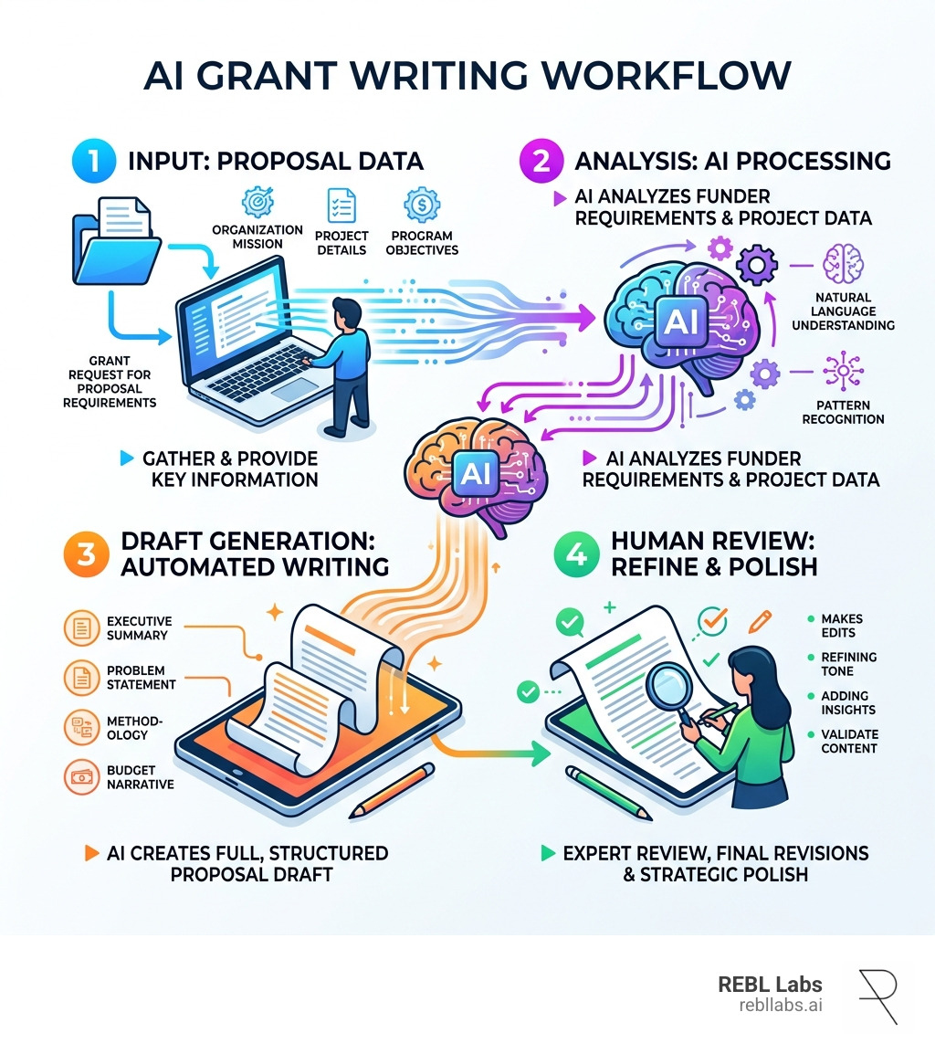 4-step AI grant writing workflow showing input, analysis, draft generation, and human review - ai grant proposal generator
