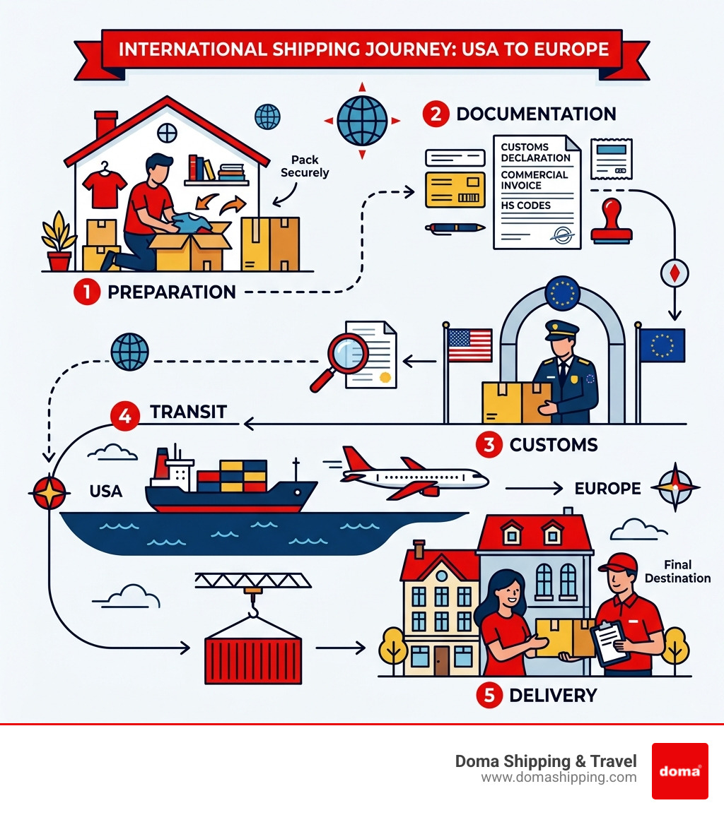 Infographic showing the international shipping journey from USA to Europe: preparation, documentation, customs, transit
