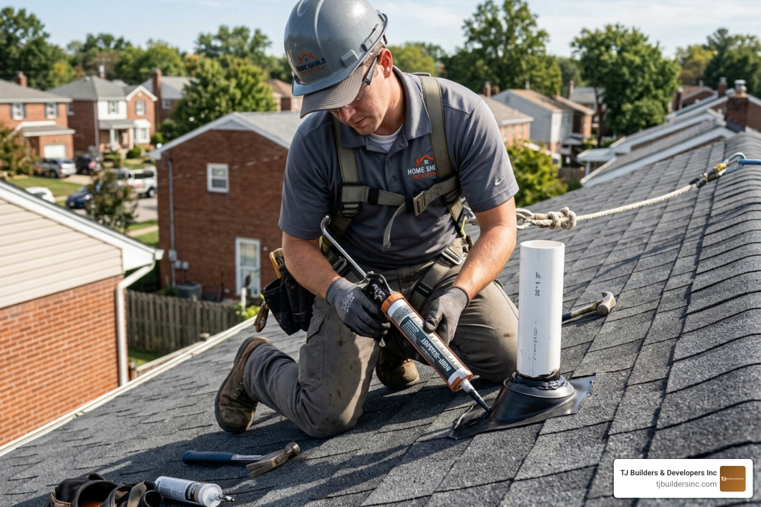 Technician sealing a roof vent pipe boot - cost to fix small roof leak