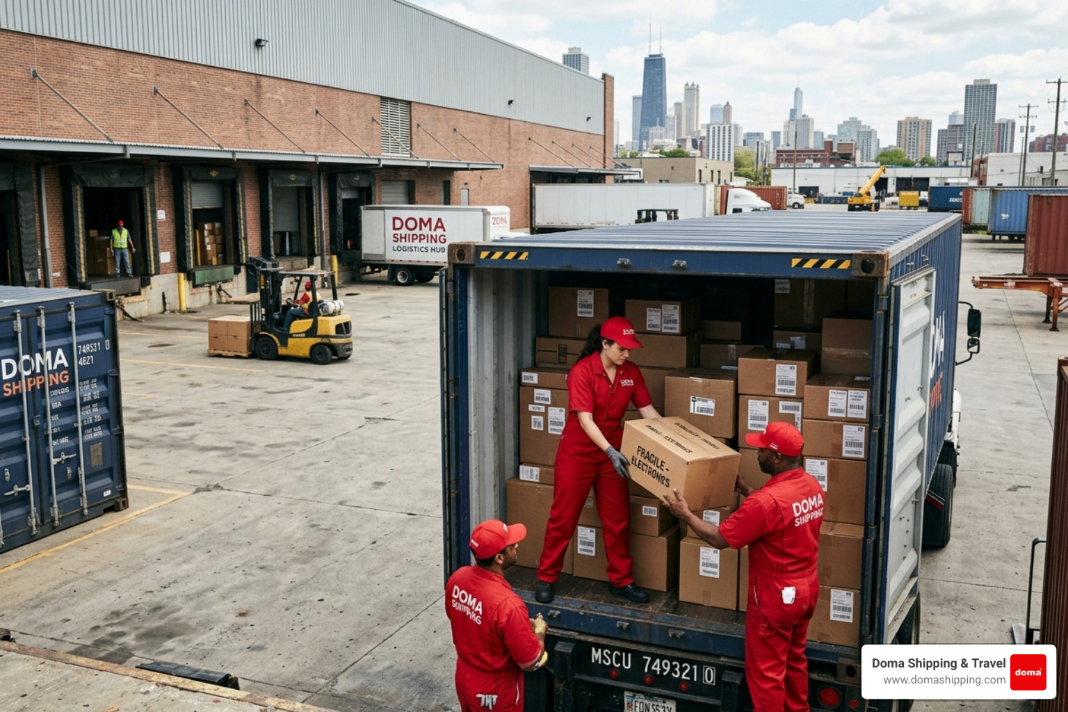 Doma Shipping workers in red uniforms loading a container at a Chicago logistics hub - domestic international shipping