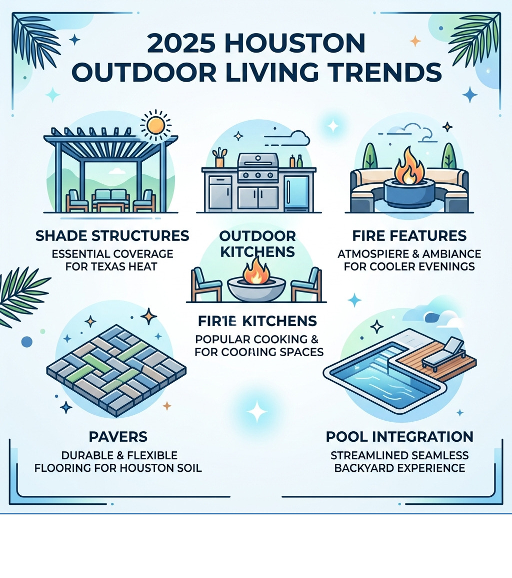 2025 Houston outdoor living trends: shade structures, outdoor kitchens, fire features, pavers, pool integration - Houston 2025 Houston outdoor living trends: shade structures, outdoor kitchens, fire features, pavers, pool integration - Houston
