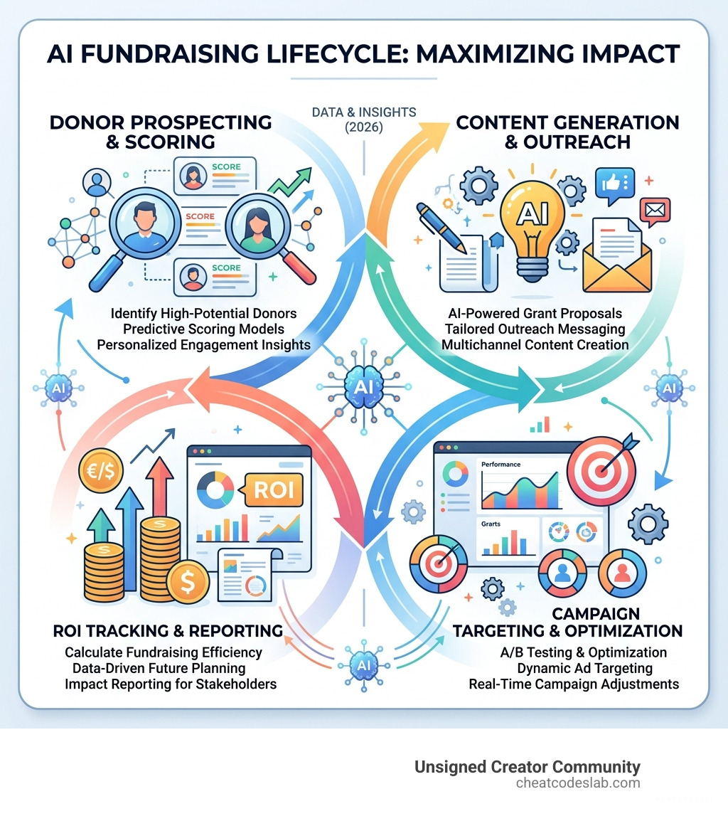 AI fundraising lifecycle infographic showing donor prospecting, content generation, campaign optimization, and ROI tracking