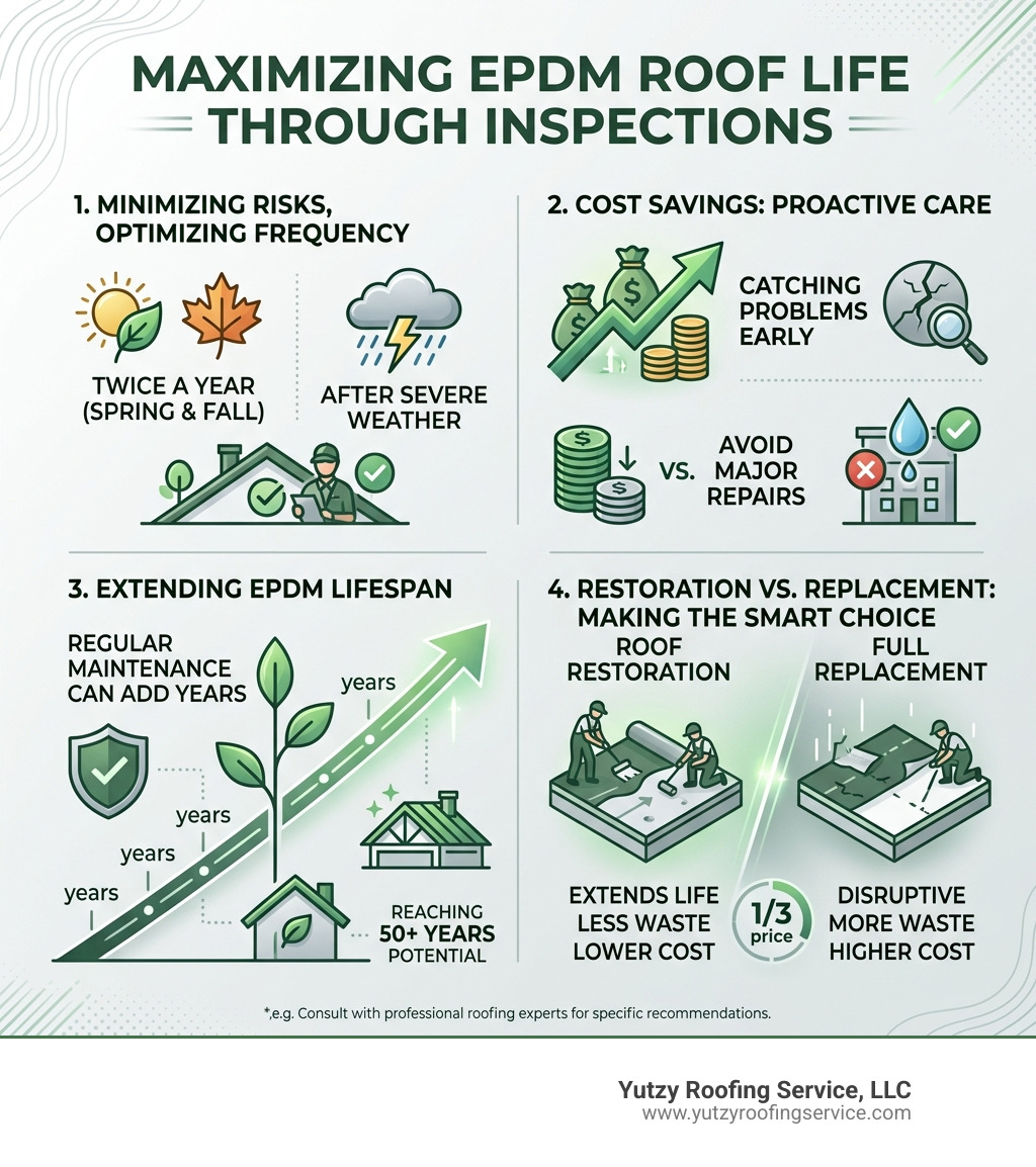 Infographic showing EPDM roof inspection benefits: frequency, cost savings, lifespan extension, and restoration vs. Infographic showing EPDM roof inspection benefits: frequency, cost savings, lifespan extension, and restoration vs.
