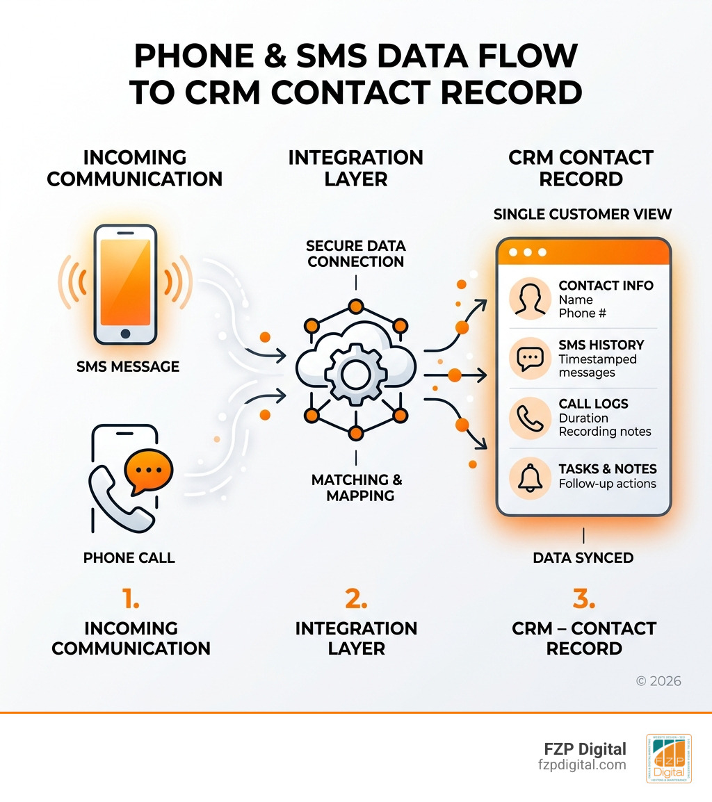 Infographic showing data flow from phone call and SMS through integration layer into CRM contact record - how to integrate Infographic showing data flow from phone call and SMS through integration layer into CRM contact record - how to integrate