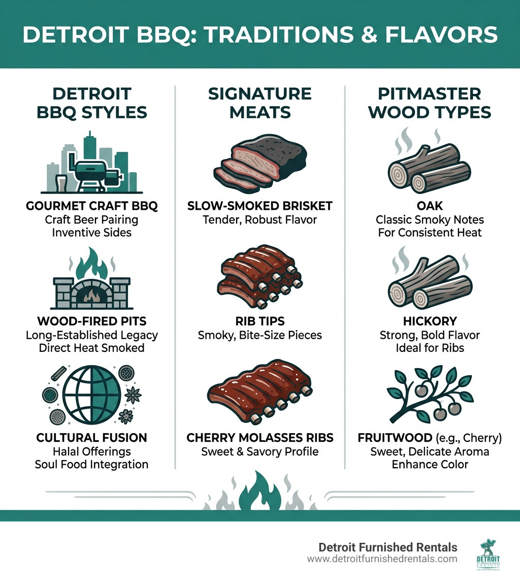 Infographic showing Detroit BBQ styles, signature meats, and wood types used by top pitmasters - BBQ restaurants Detroit