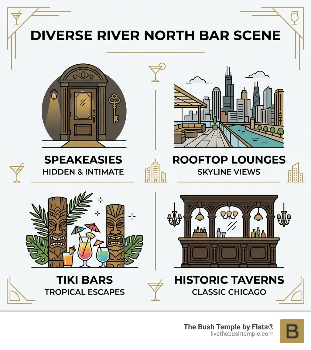infographic showing variety of River North bar types from speakeasies to rooftops to tiki bars - chicago bars river north infographic showing variety of River North bar types from speakeasies to rooftops to tiki bars - chicago bars river north