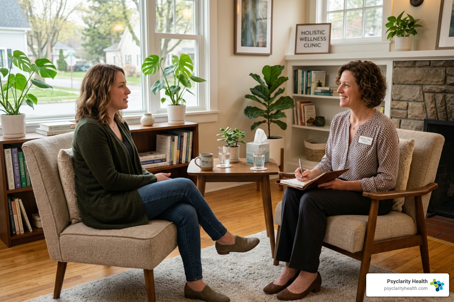A therapist conducting a holistic consultation with a patient in a comfortable setting - holistic sleep disorder therapy