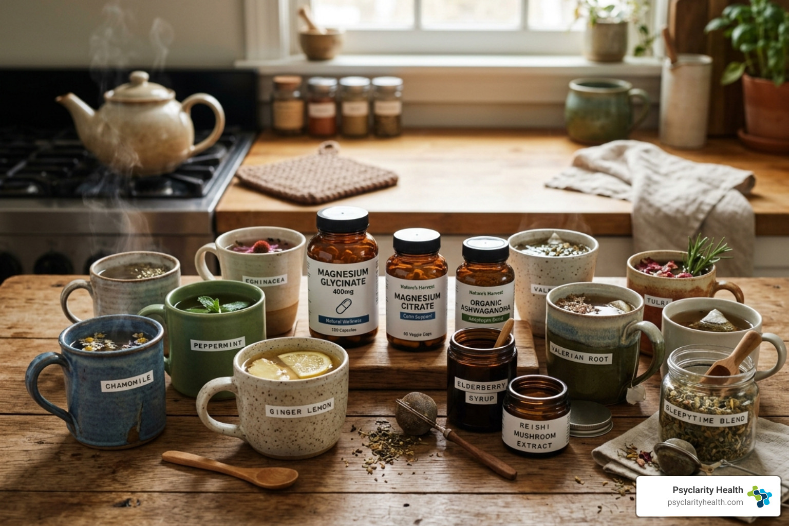 A variety of herbal teas and natural supplements on a wooden table - holistic sleep disorder therapy