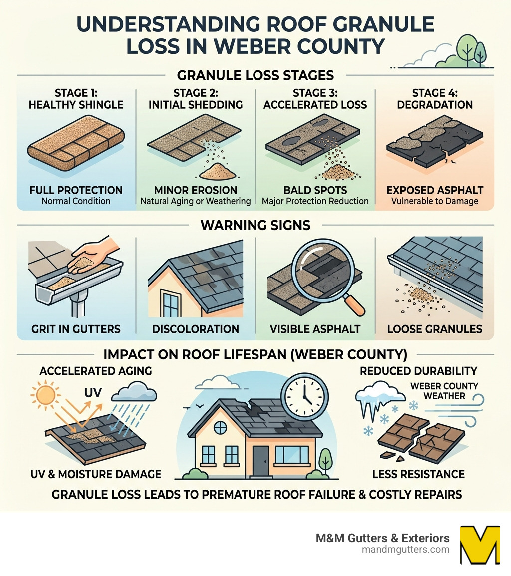 Infographic showing granule loss stages, warning signs, and impact on Weber County roof lifespan - roof granule loss weber