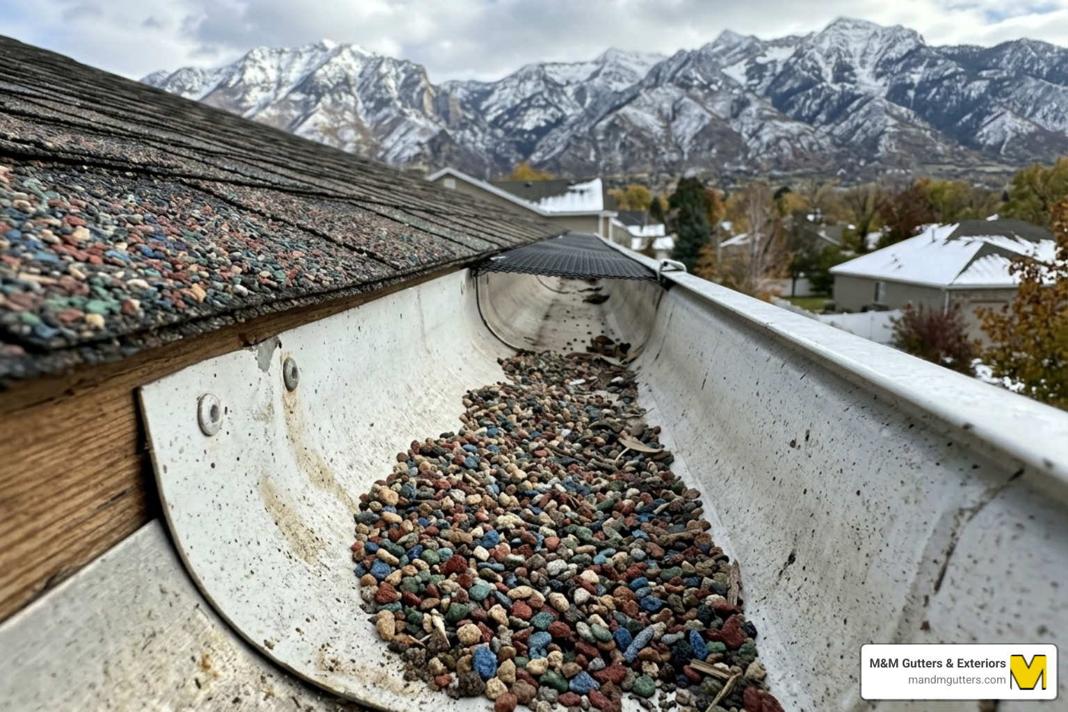 granules collecting in a rain gutter near Ogden Utah home - roof granule loss weber county
