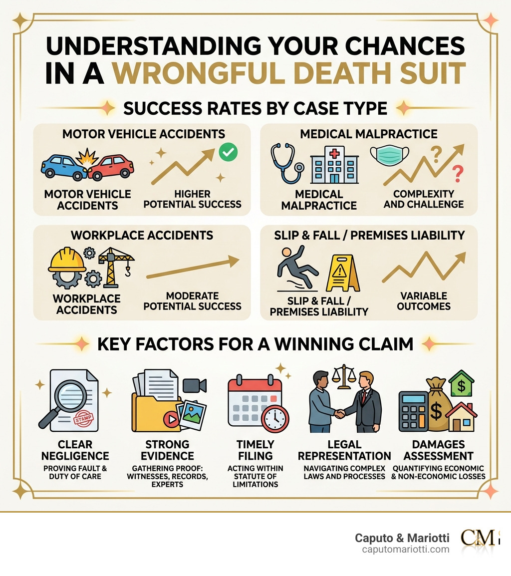 Infographic showing wrongful death claim success rates by case type and key winning factors - chances of winning a wrongful Infographic showing wrongful death claim success rates by case type and key winning factors - chances of winning a wrongful