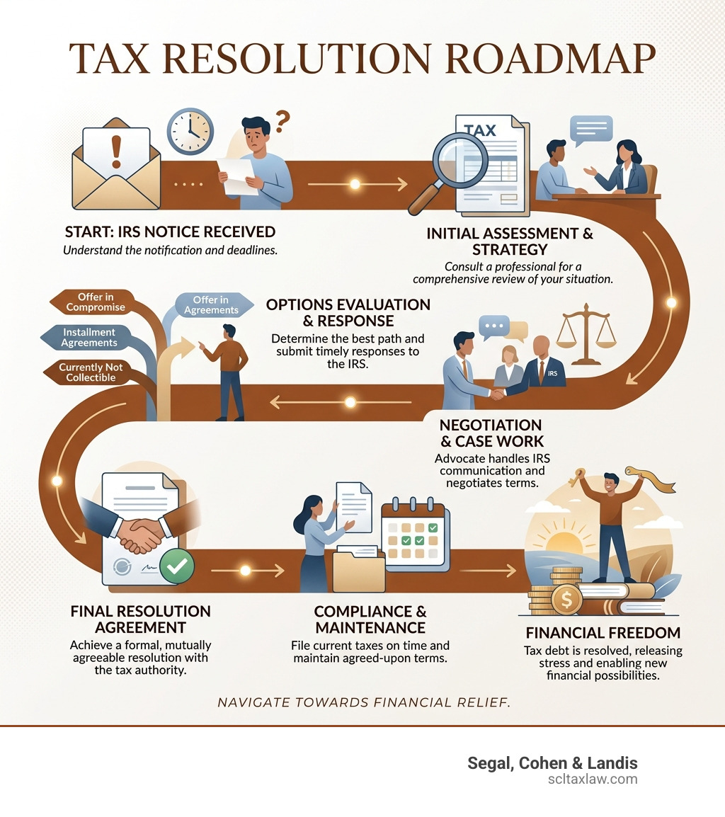Tax resolution roadmap showing steps from IRS notice to final resolution and financial freedom - tax law advocate