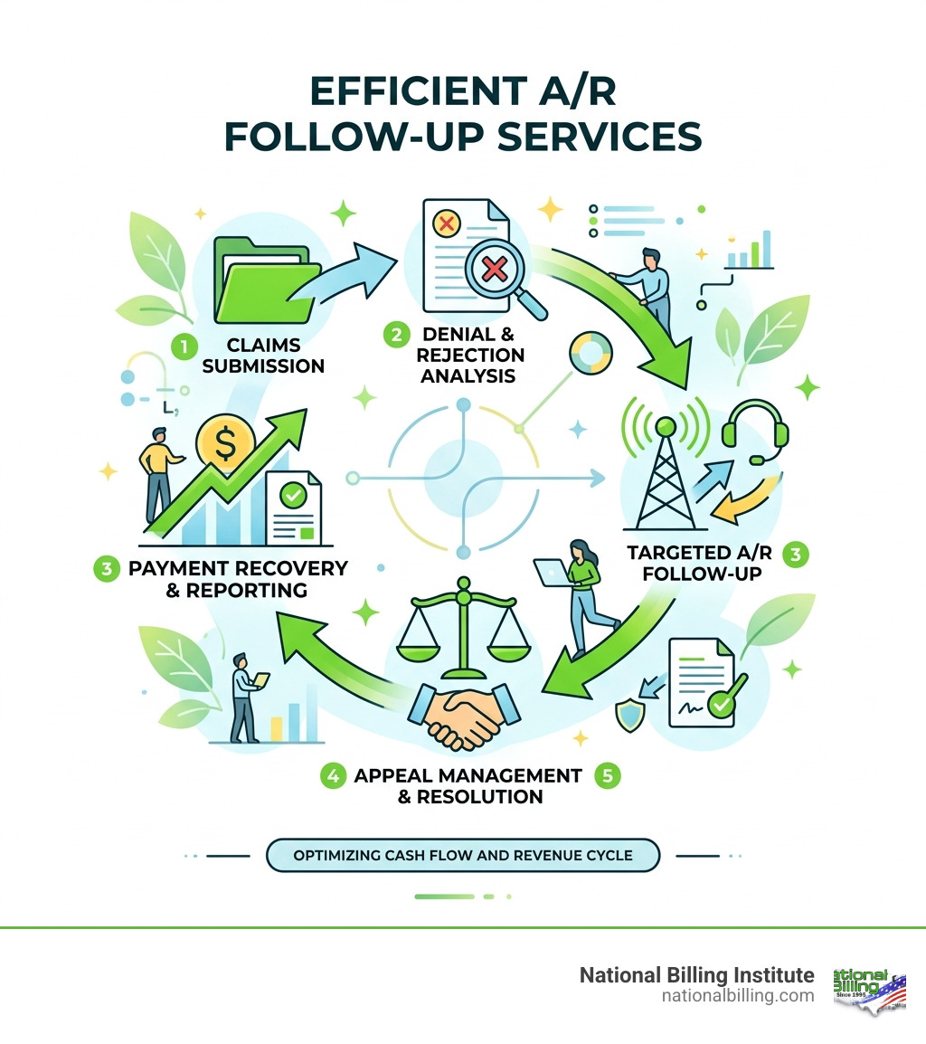 Medical billing A/R lifecycle infographic: claim submission to payment recovery steps - a/r follow up services infographic 