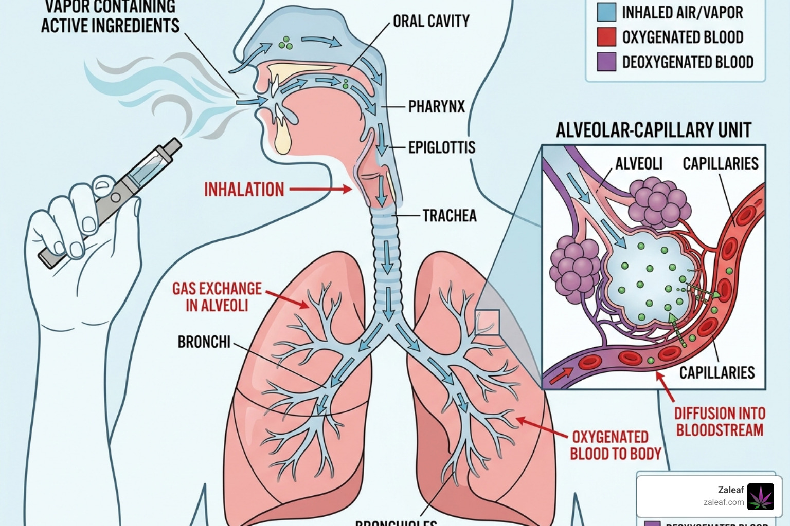 Illustration of the inhalation process showing vapor traveling to the lungs and active ingredients entering the bloodstream Illustration of the inhalation process showing vapor traveling to the lungs and active ingredients entering the bloodstream