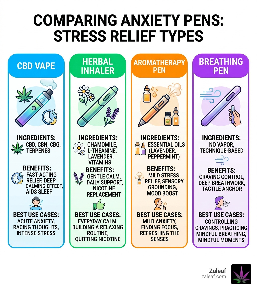 Infographic comparing anxiety pen types: CBD vape, herbal inhaler, aromatherapy pen, and breathing pen — ingredients Infographic comparing anxiety pen types: CBD vape, herbal inhaler, aromatherapy pen, and breathing pen — ingredients
