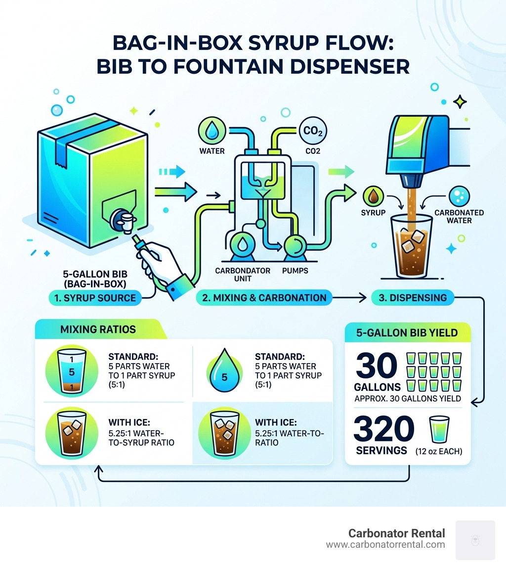 Bag-in-box syrup flow process from BIB to fountain dispenser with mixing ratios and yield - Diet Coke syrup infographic Bag-in-box syrup flow process from BIB to fountain dispenser with mixing ratios and yield - Diet Coke syrup infographic