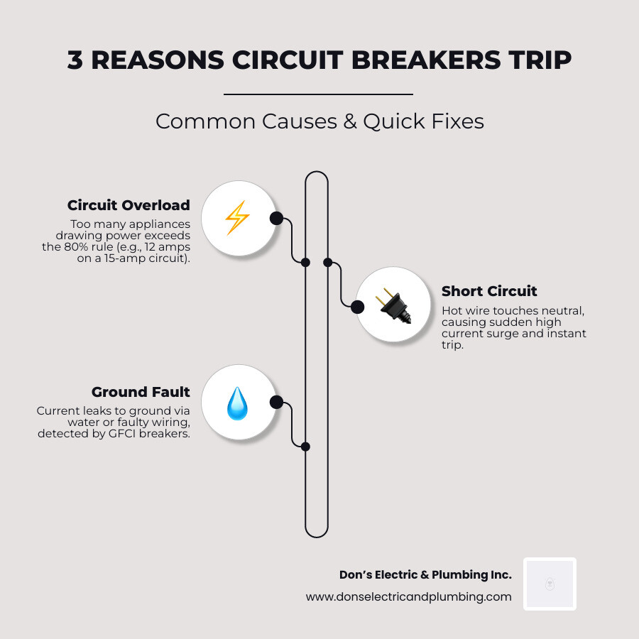 Infographic showing 3 reasons a circuit breaker trips: overload, short circuit, and ground fault with reset steps - how to Infographic showing 3 reasons a circuit breaker trips: overload, short circuit, and ground fault with reset steps - how to