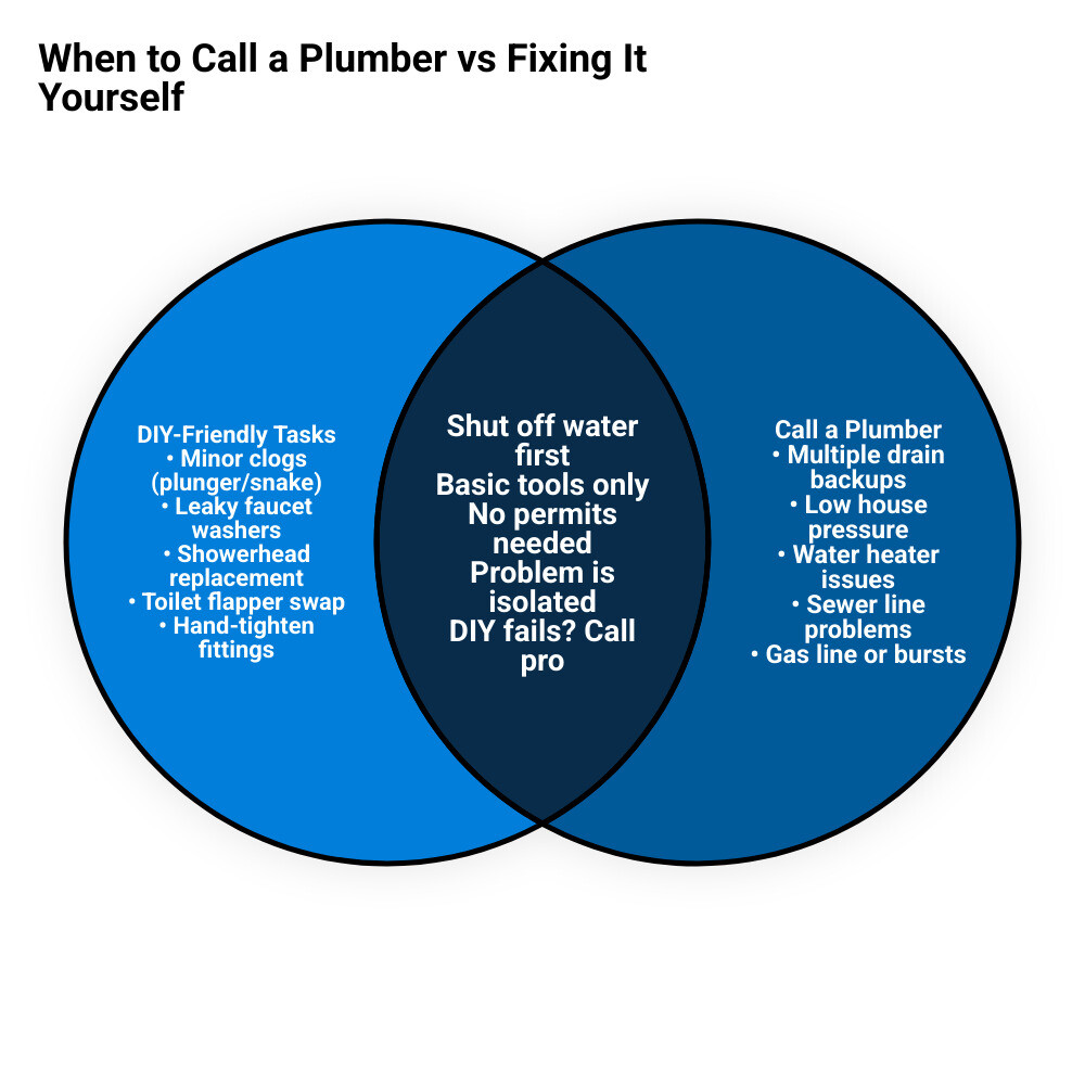 DIY vs professional plumbing decision-making infographic for homeowners - when to call a plumber vs fixing it yourself DIY vs professional plumbing decision-making infographic for homeowners - when to call a plumber vs fixing it yourself