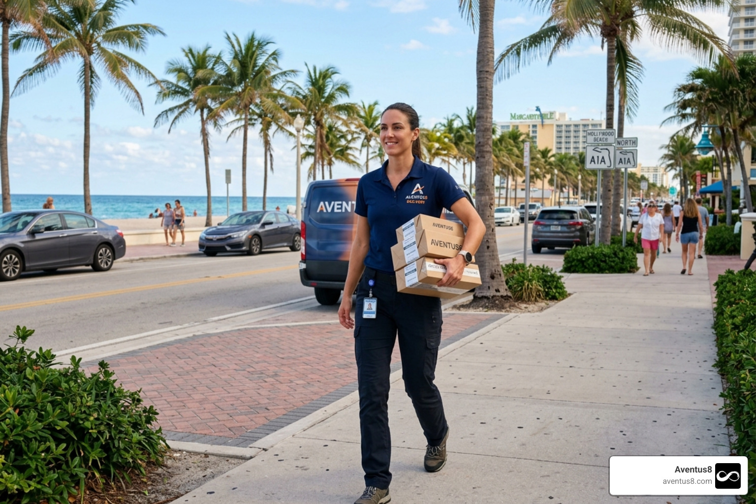 Aventus8 delivery driver navigating a sunny street in Hollywood Beach - Pre-rolled joints delivered