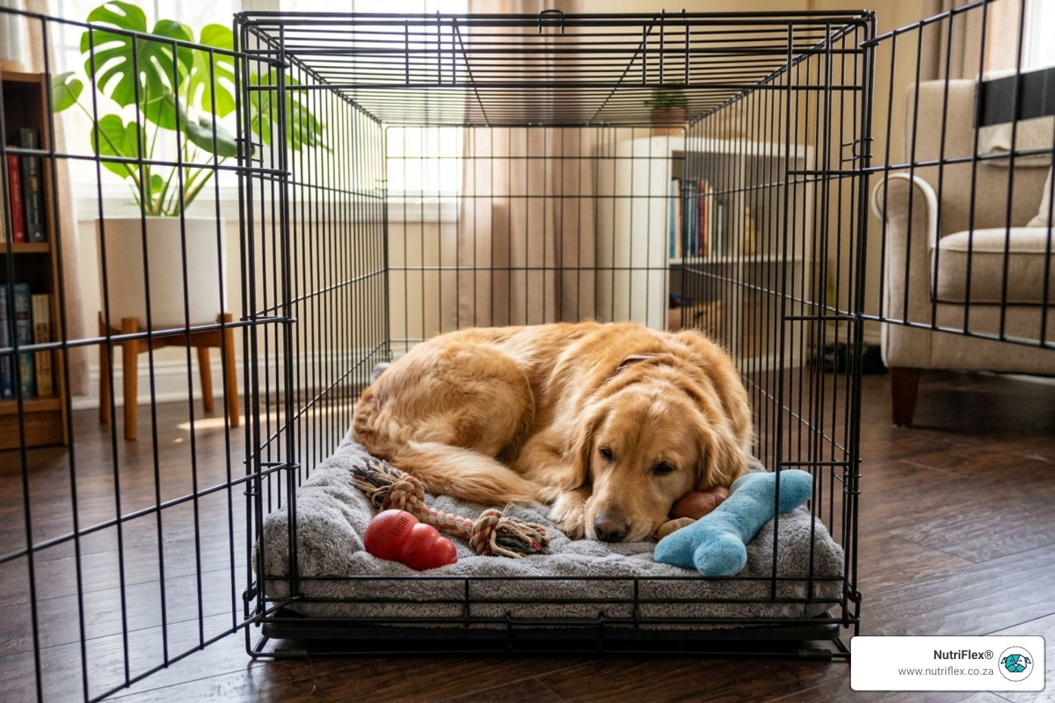 A Calm Dog Resting Comfortably In A Well-Ventilated Crate With Its Favourite Toys - Natural Anxiety Relief Dogs