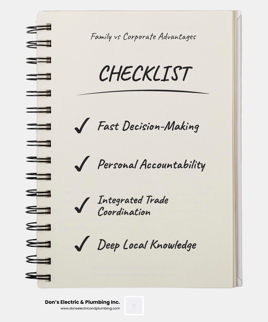 Infographic comparing family-owned multi-trade service model vs corporate conglomerate structure - what makes a family owned Infographic comparing family-owned multi-trade service model vs corporate conglomerate structure - what makes a family owned