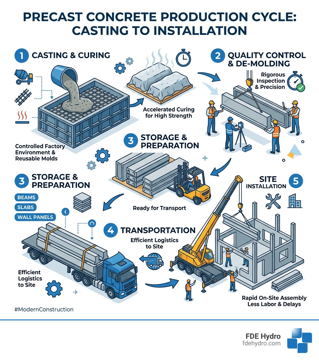 Precast concrete production cycle from casting to installation infographic - Precast Concrete infographic Precast concrete production cycle from casting to installation infographic - Precast Concrete infographic
