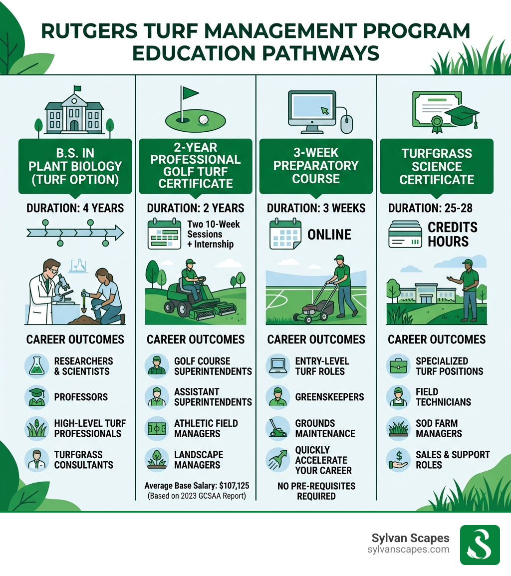Rutgers turf management program education pathways infographic showing 4 program options with duration and career outcomes Rutgers turf management program education pathways infographic showing 4 program options with duration and career outcomes