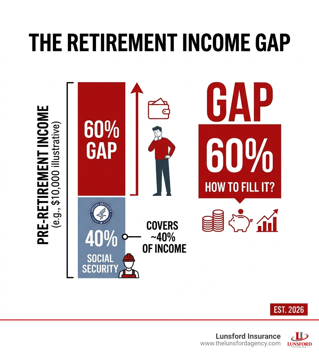 Infographic showing the retirement income gap: Social Security covers ~40% of pre-retirement income, leaving a 60% gap