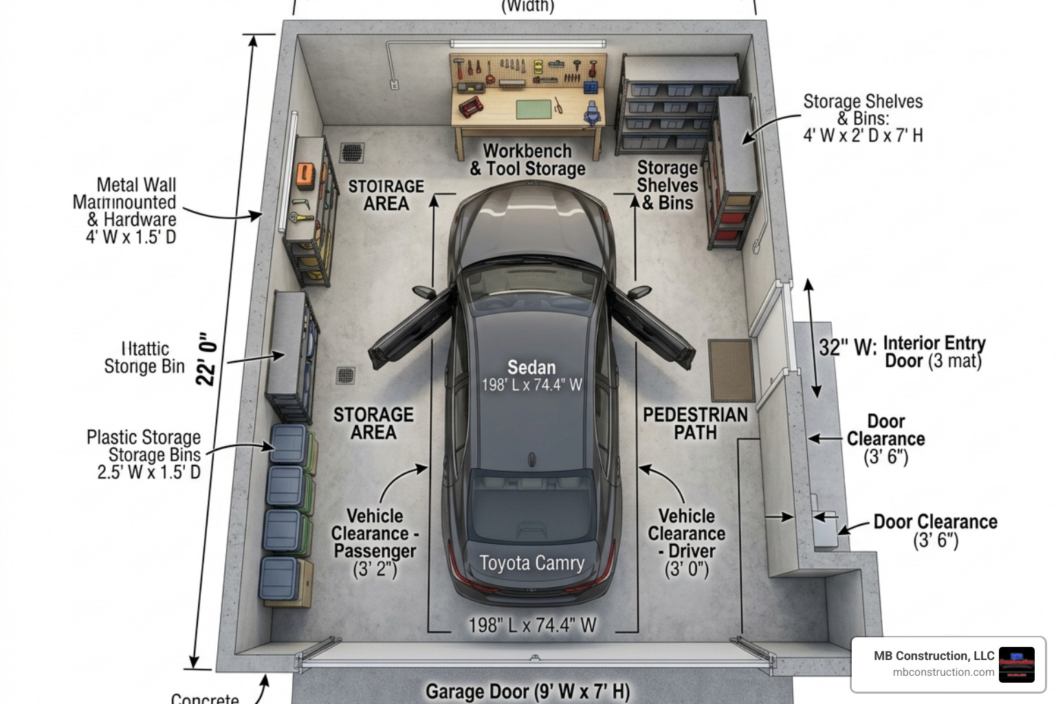 Standard 1 car garage floor plan showing vehicle and storage clearance - 1 car garage addition Standard 1 car garage floor plan showing vehicle and storage clearance - 1 car garage addition