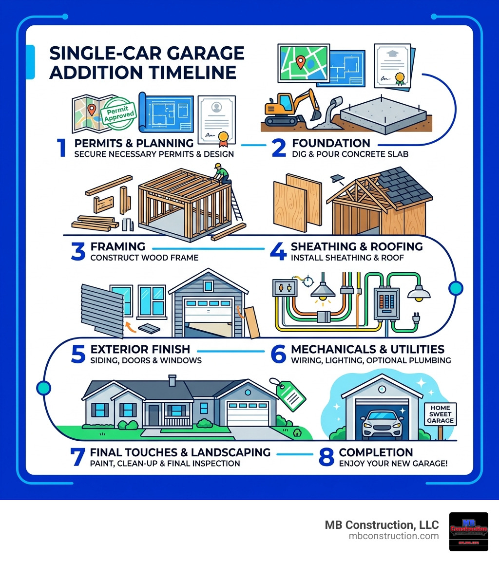 Single-car garage addition timeline from permits to completion infographic - 1 car garage addition infographic Single-car garage addition timeline from permits to completion infographic - 1 car garage addition infographic