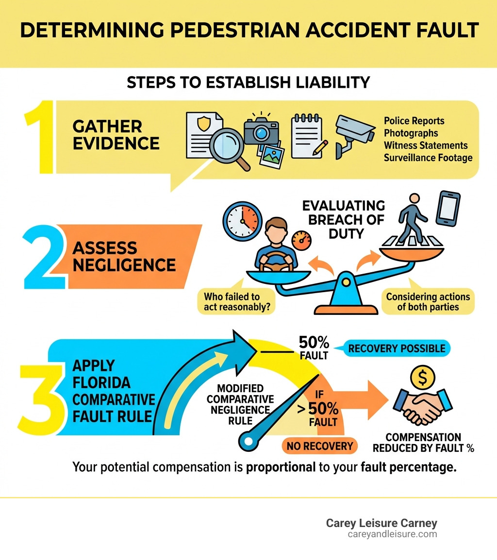Infographic showing steps to determine fault in a pedestrian accident: gather evidence, assess negligence, apply Florida