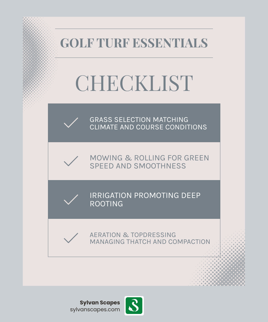 Infographic showing the golf turf management ecosystem: grass types, mowing, irrigation, aeration, IPM, and seasonal care Infographic showing the golf turf management ecosystem: grass types, mowing, irrigation, aeration, IPM, and seasonal care