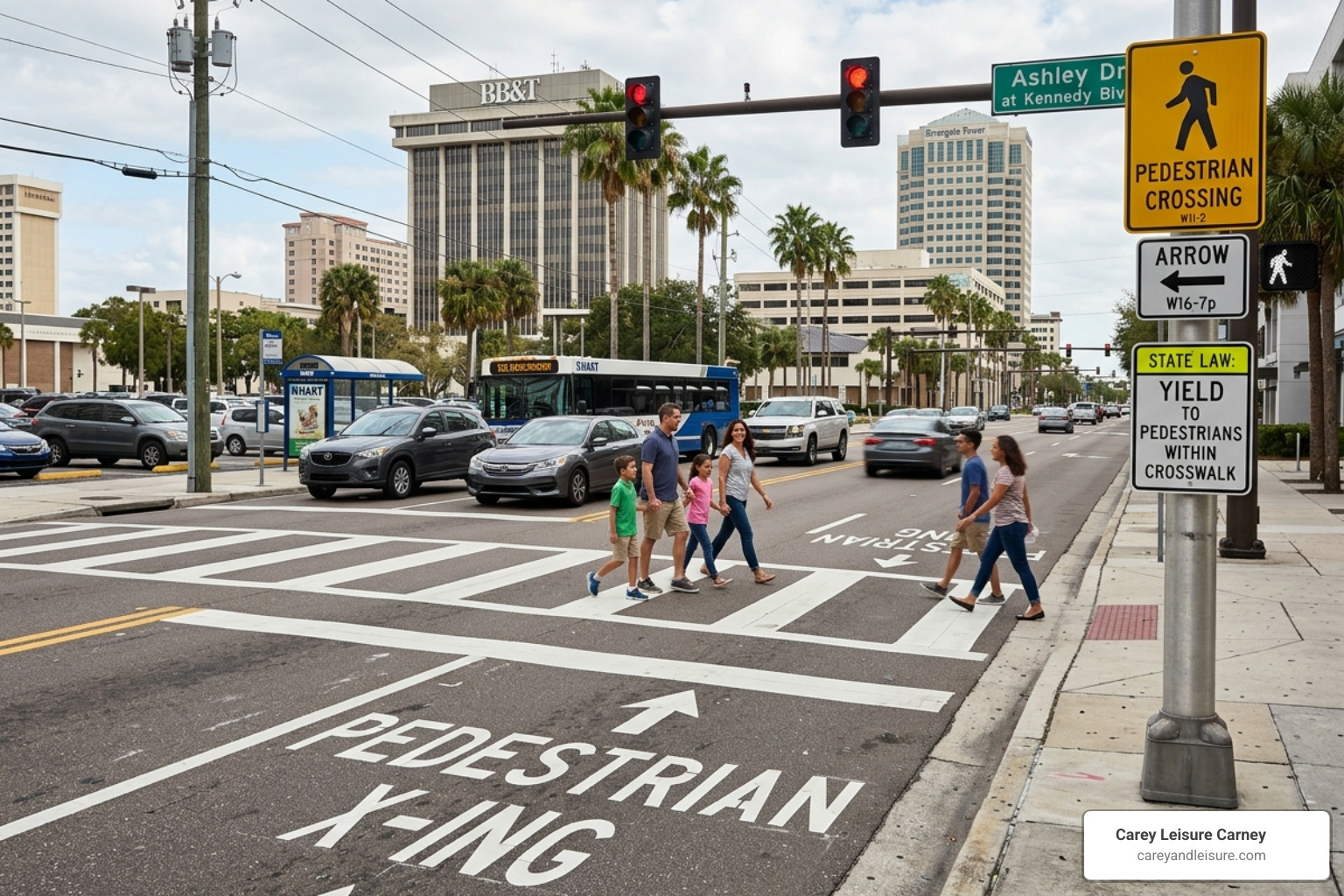 marked crosswalk in Tampa showing pedestrian safety zones - pedestrian accident fault