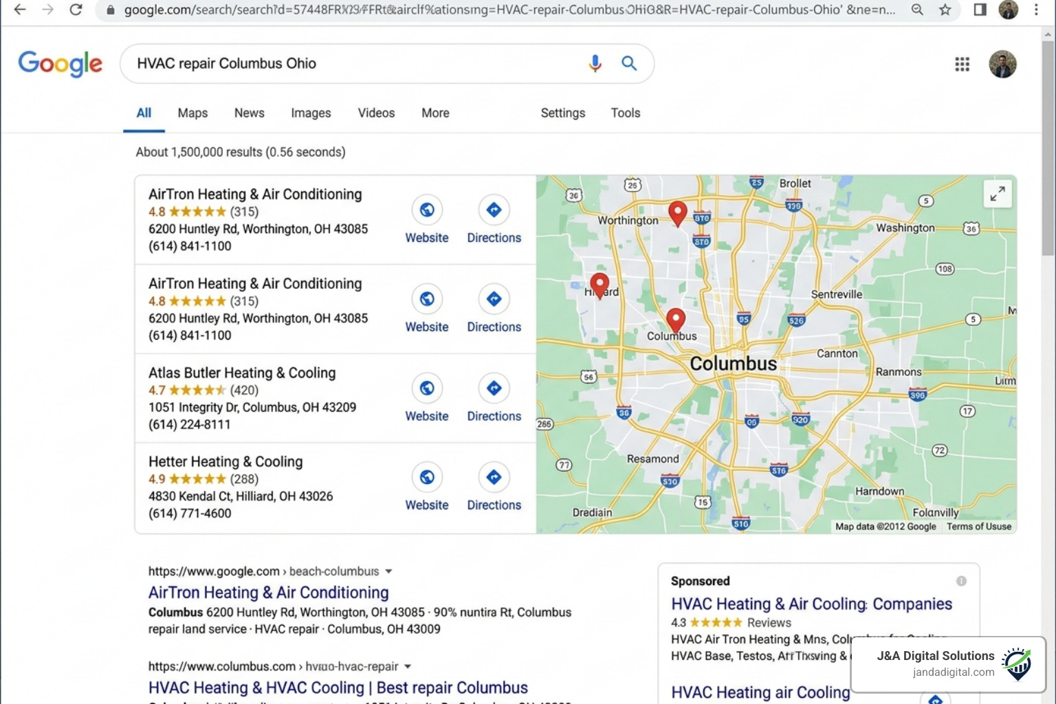 Google search result showing the local 3-pack for HVAC services - hvac seo columbus ohio Google search result showing the local 3-pack for HVAC services - hvac seo columbus ohio
