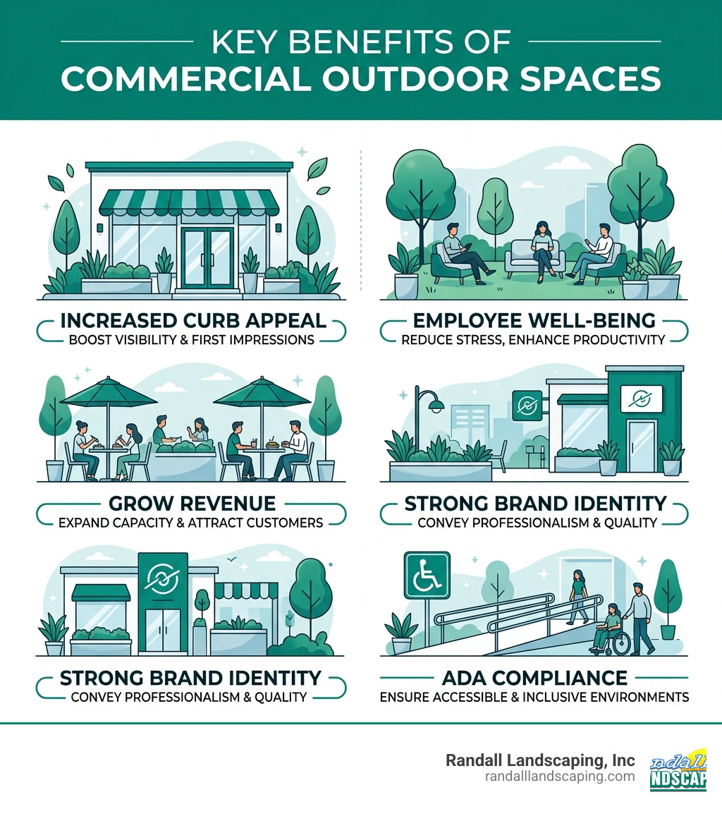 Benefits of commercial outdoor spaces infographic: curb appeal, employee well-being, revenue, brand identity, ADA compliance Benefits of commercial outdoor spaces infographic: curb appeal, employee well-being, revenue, brand identity, ADA compliance