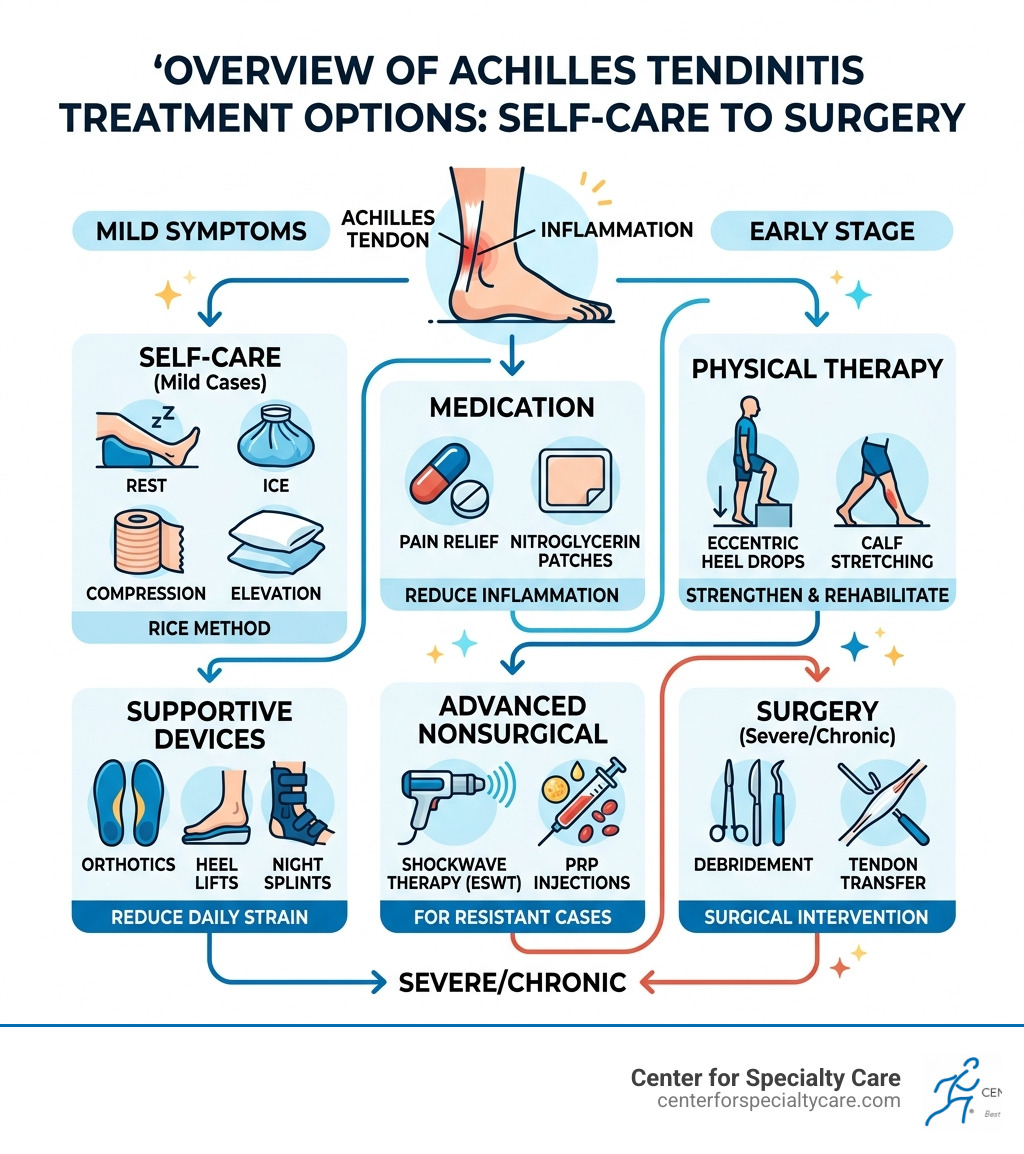 Overview of Achilles tendinitis treatment options from self-care to surgery - achilles tendinitis treatments infographic 