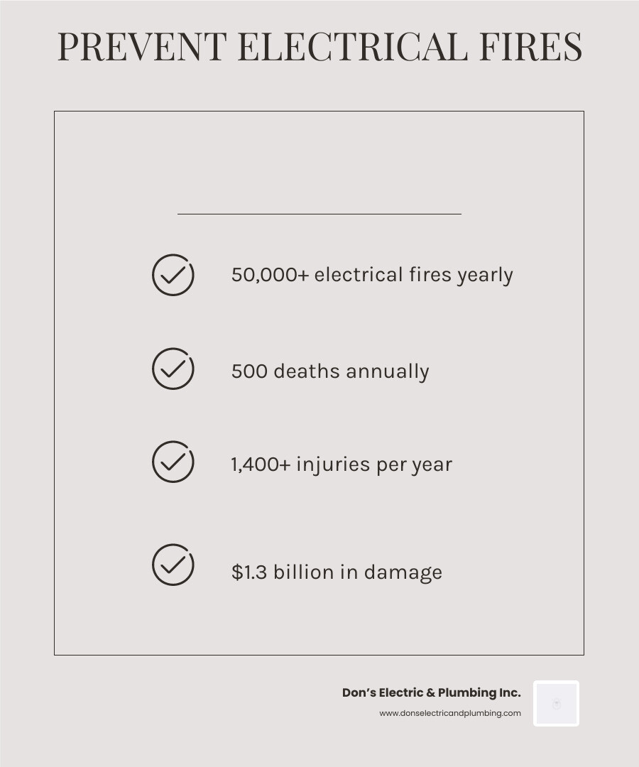 Infographic showing electrical fire statistics and top prevention tips for homeowners - how to prevent electrical fires in Infographic showing electrical fire statistics and top prevention tips for homeowners - how to prevent electrical fires in