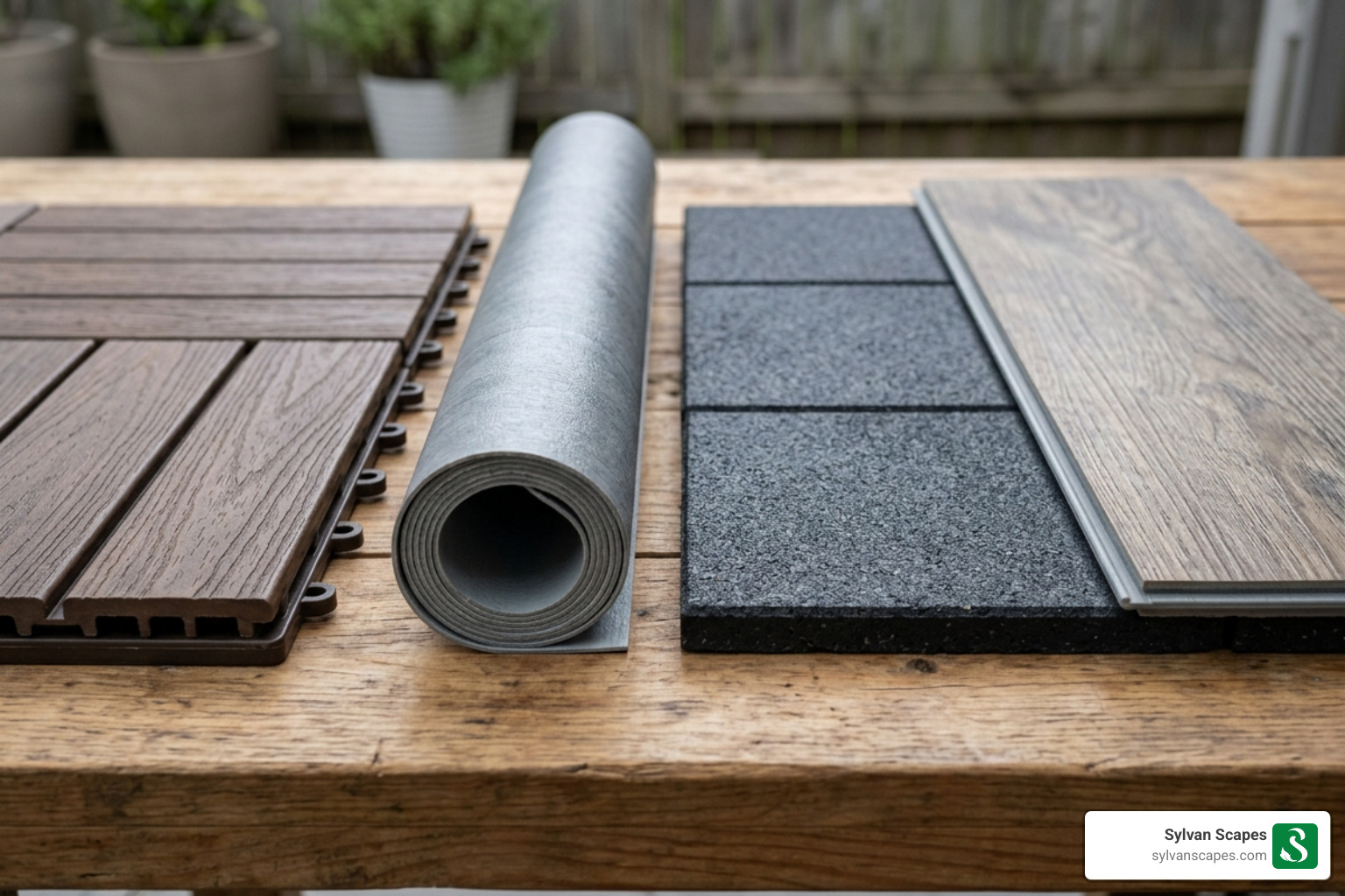 Various waterproof flooring samples including composite, vinyl, and rubber - waterproof outdoor flooring Various waterproof flooring samples including composite, vinyl, and rubber - waterproof outdoor flooring
