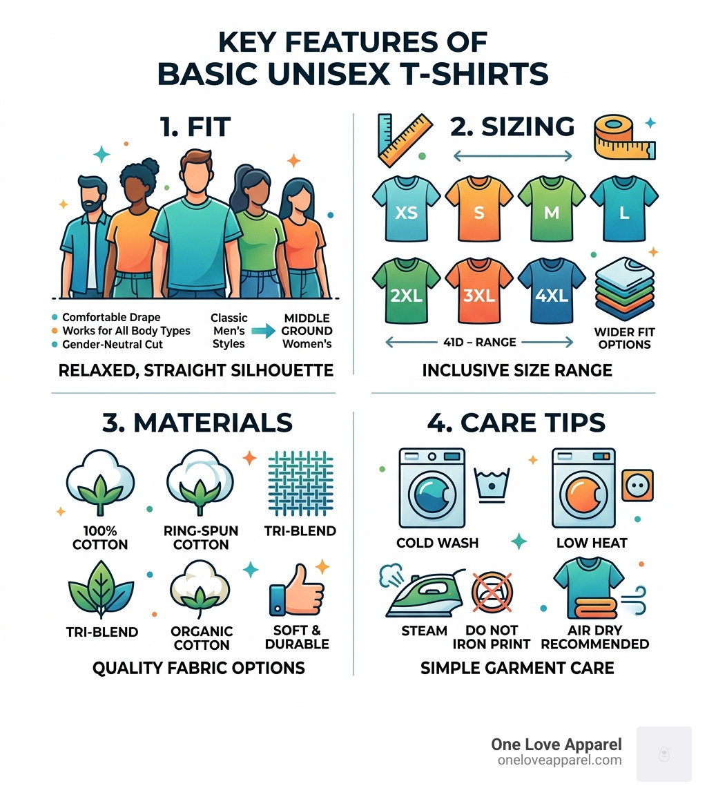 Infographic showing key features of unisex t-shirts: fit, sizing, materials, and care tips - basic t shirt unisex Infographic showing key features of unisex t-shirts: fit, sizing, materials, and care tips - basic t shirt unisex