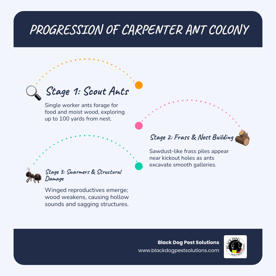 Progression of a carpenter ant colony from scout ants to full structural damage with four labeled stages - carpenter ant Progression of a carpenter ant colony from scout ants to full structural damage with four labeled stages - carpenter ant