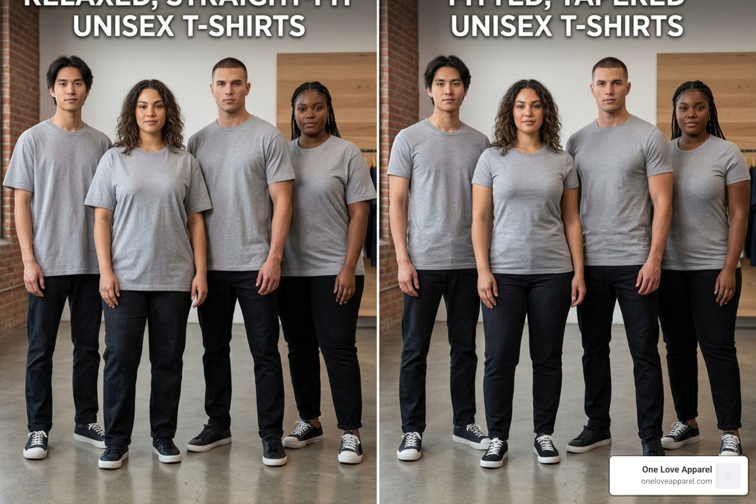 Comparison of unisex vs fitted t-shirt cuts on different body types - basic t shirt unisex Comparison of unisex vs fitted t-shirt cuts on different body types - basic t shirt unisex