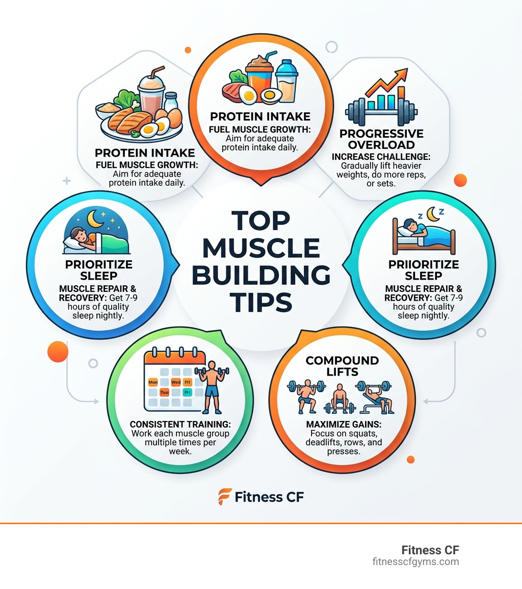 Infographic showing top muscle building tips: protein intake, progressive overload, sleep, training frequency, and compound