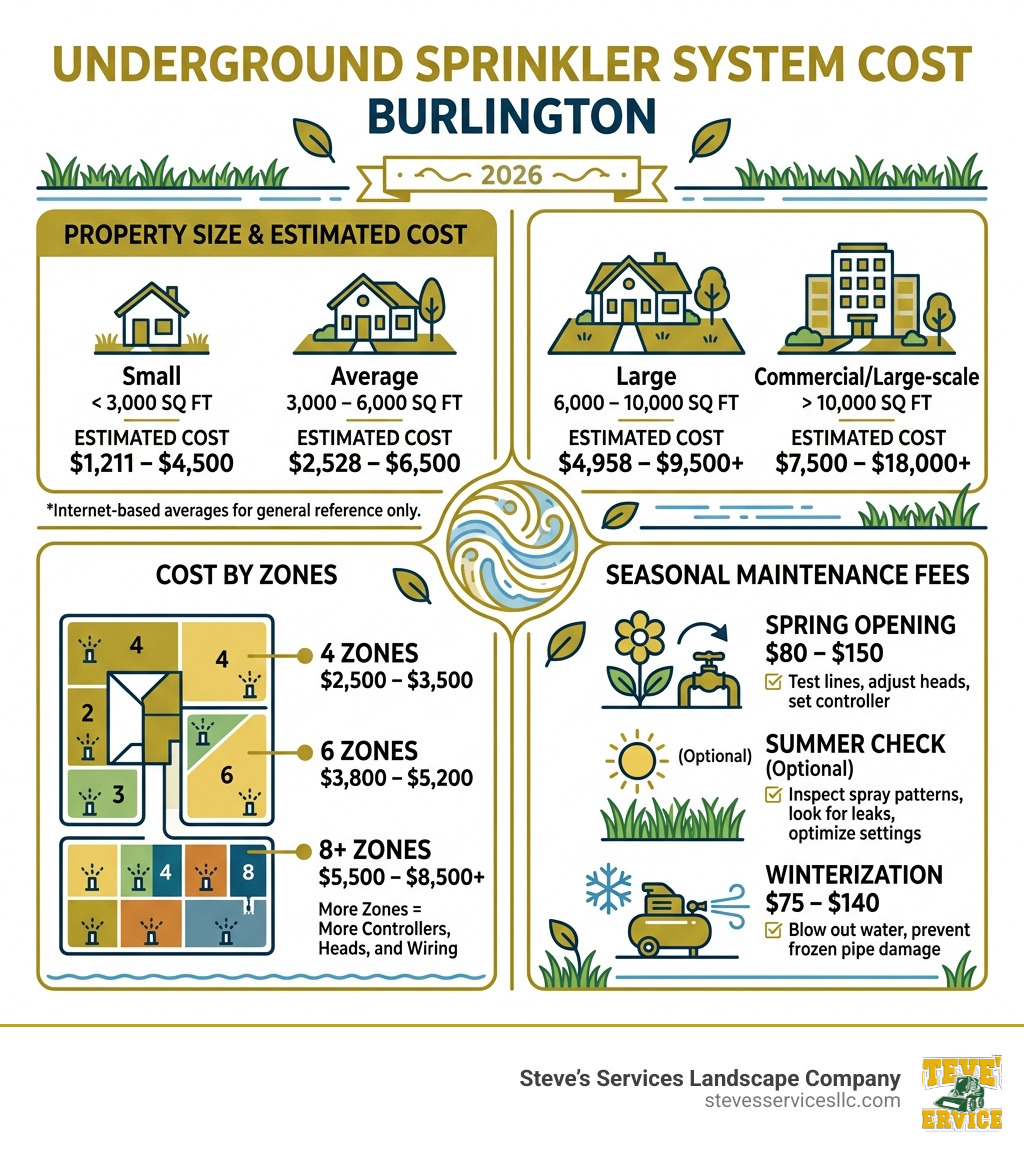 Infographic showing underground sprinkler system cost Burlington by property size, zones, and seasonal maintenance fees