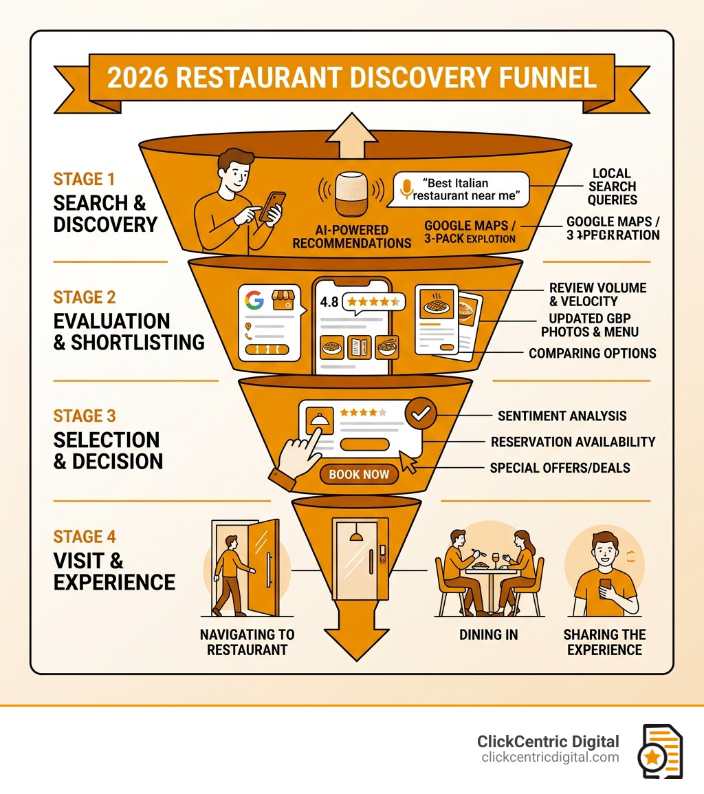 2026 restaurant discovery funnel showing steps from search to visit - restaurant seo strategy infographic 