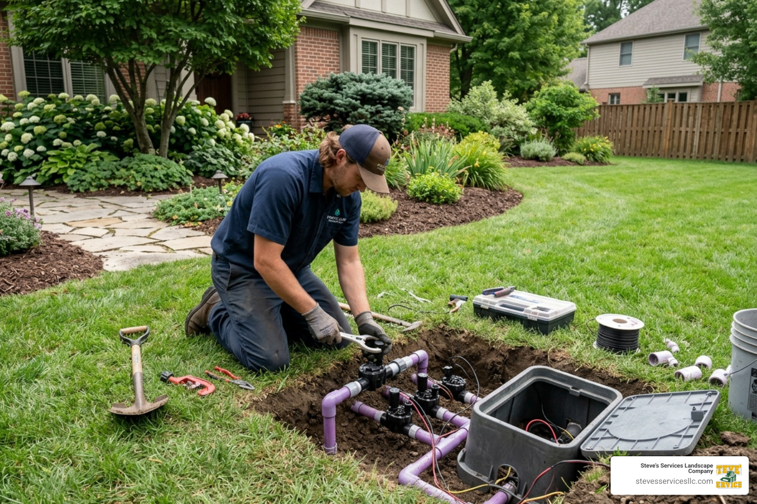 Technician installing irrigation valves - underground sprinkler system cost Burlington