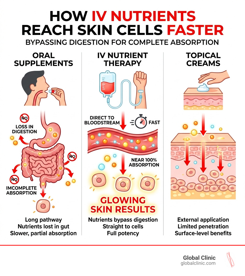 Infographic showing how IV nutrients bypass digestion and reach skin cells faster than oral supplements or topical creams