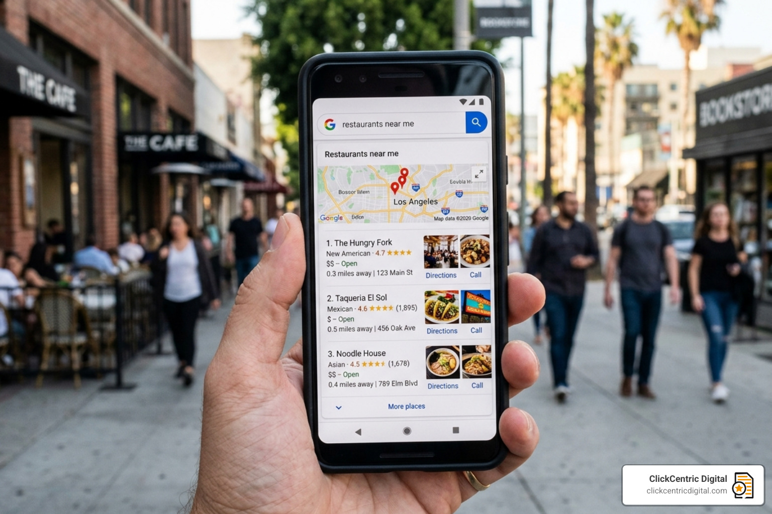 Google Local 3-Pack appearing on a mobile search for restaurants - restaurant seo strategy