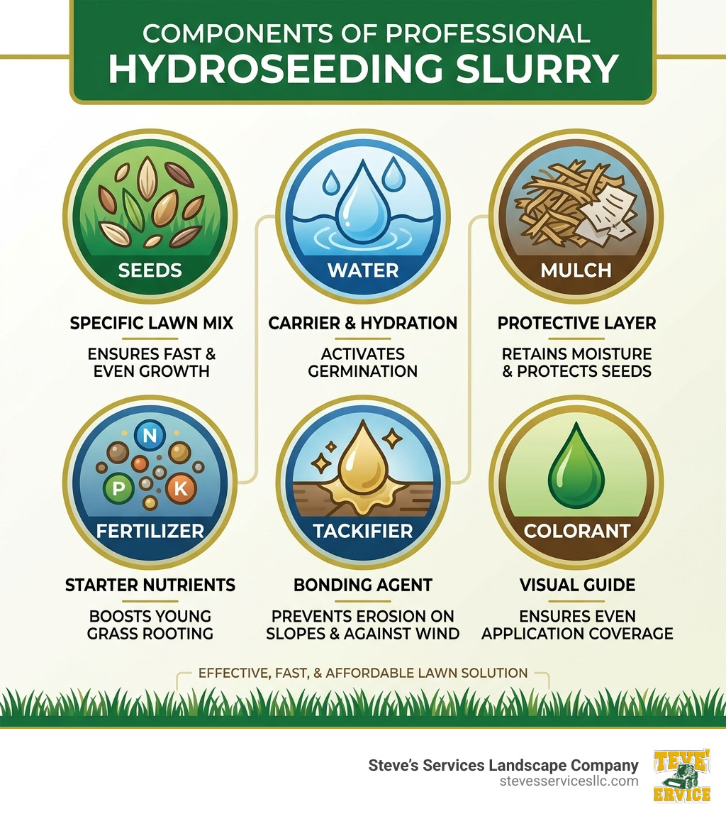 Infographic showing components of a professional hydroseeding slurry: seeds, water, mulch, fertilizer, tackifier, and their Infographic showing components of a professional hydroseeding slurry: seeds, water, mulch, fertilizer, tackifier, and their