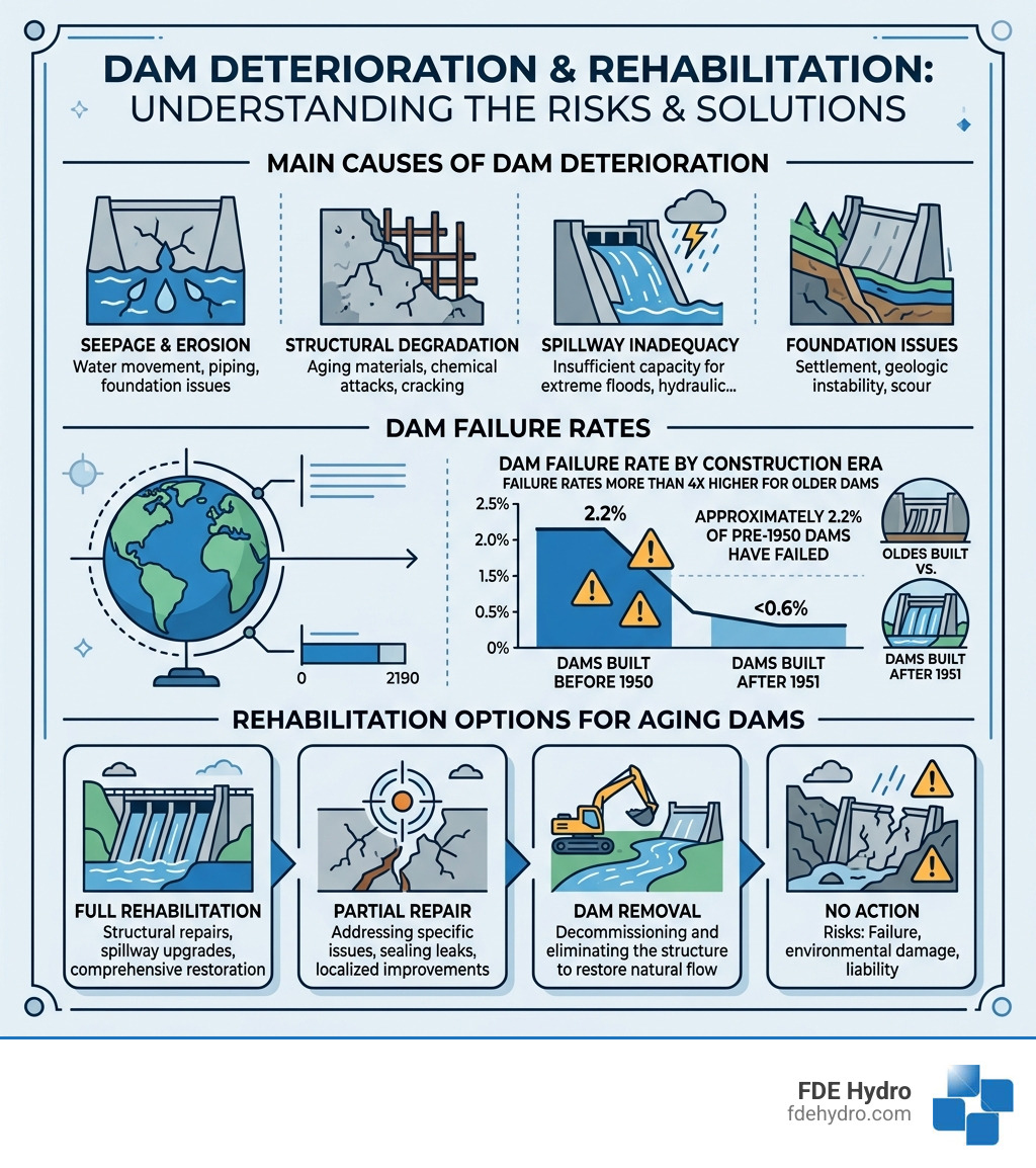 Main causes of dam deterioration, failure rates, and rehabilitation options infographic - Dam Rehabilitation infographic 